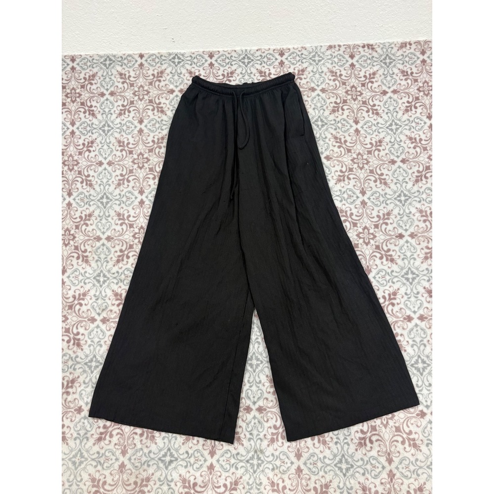 Black Wide Leg Crinkle Textured Lounge Pants Drawstring Waist Pockets Medium